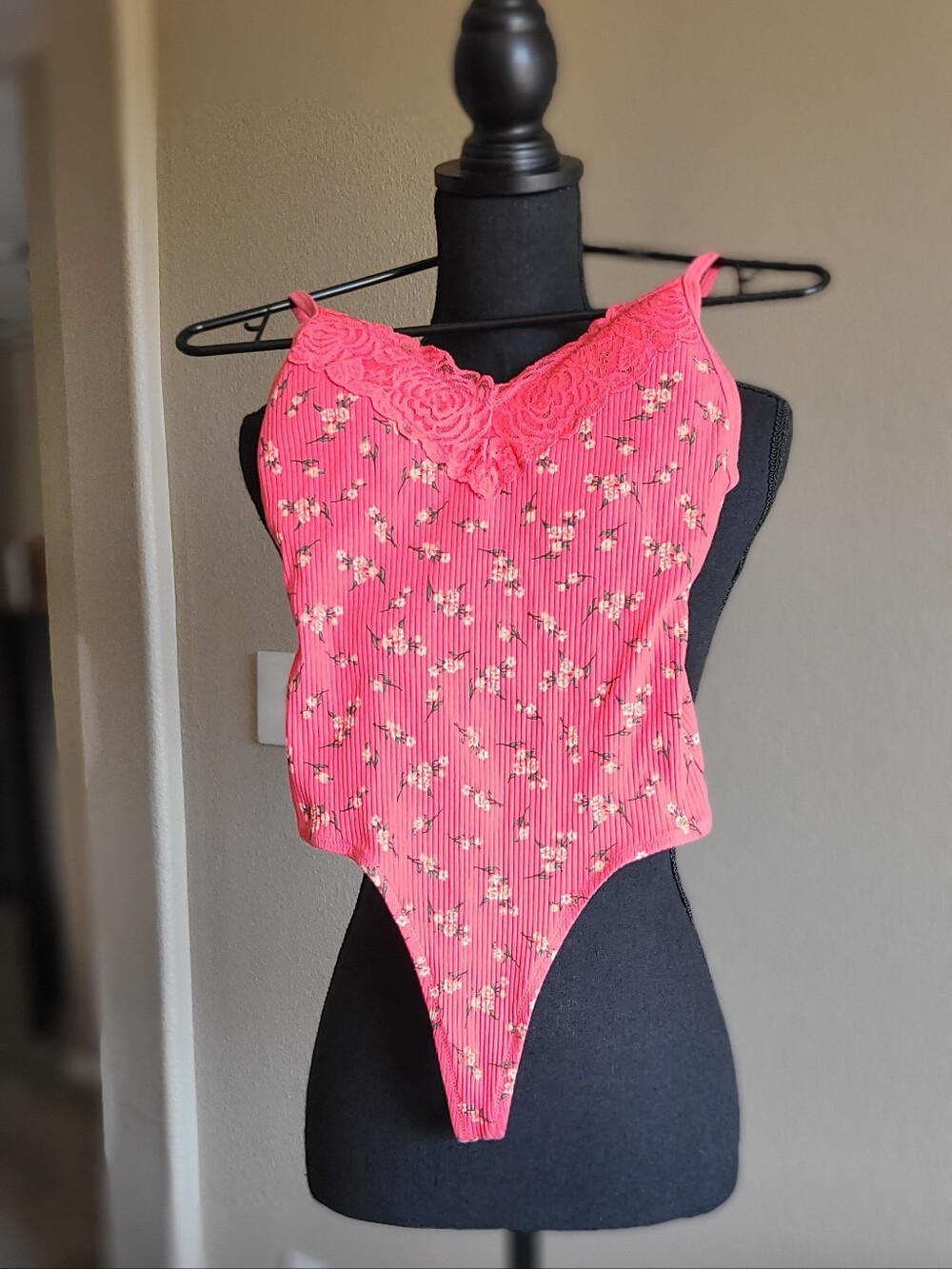 PINK Victoria's Secret Coral Floral Ribbed Bodysuit/Thong
